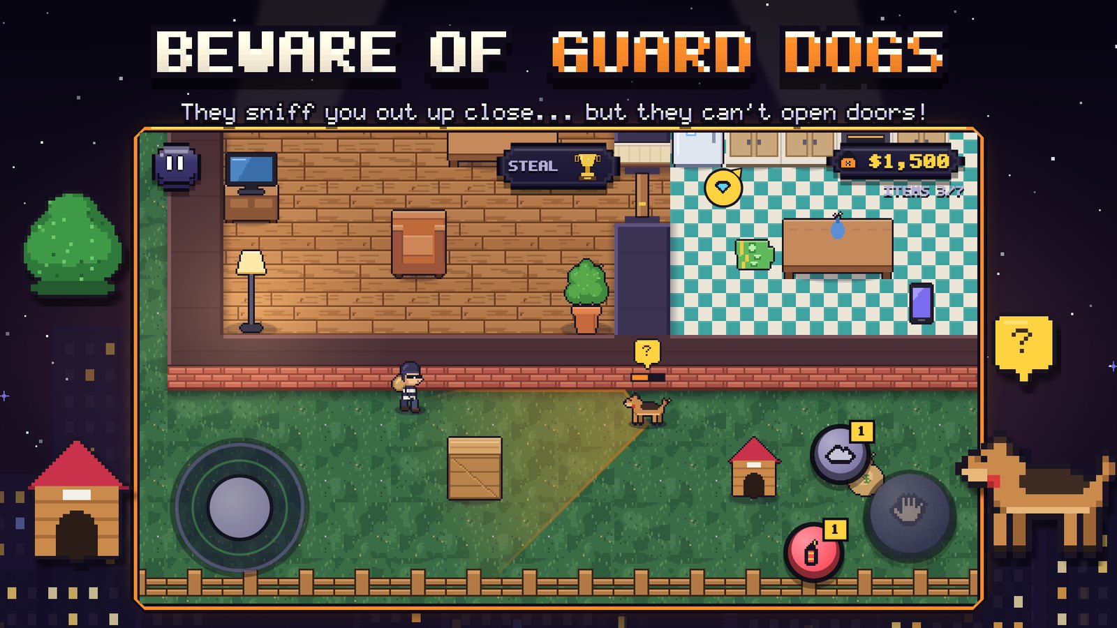 A guard dog sniffing around the back yard